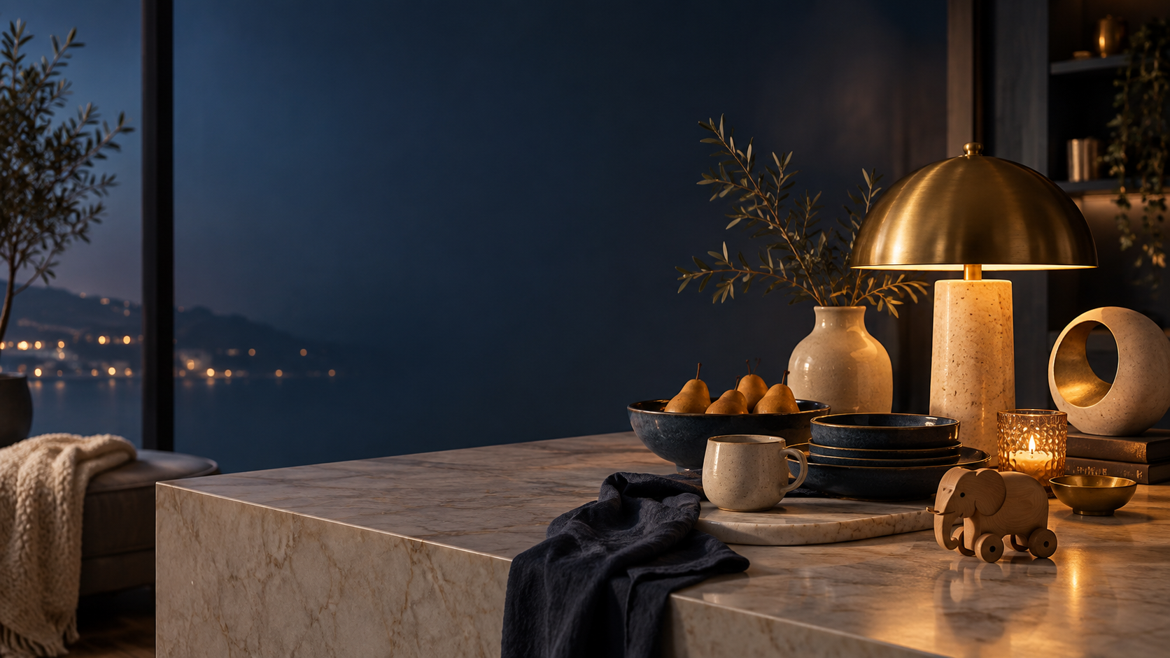 A contemporary home scene with tableware, décor, a lamp and a wooden toy